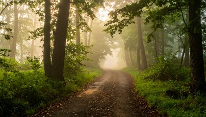 Misty Forest Path with Light Rays