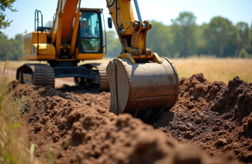 Yellow excavator bucket actively digs soil for construction project. Heavy machinery operates outdoors on sunny day. Tractor tracks visible. Rural landscape with trees in background.