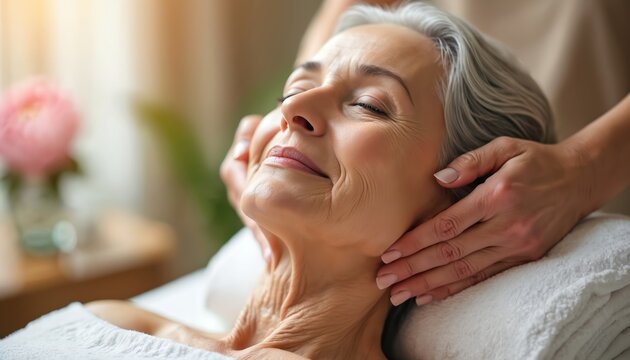Senior woman enjoys relaxing neck and shoulder massage. Gentle hands provide rejuvenating spa treatment, easing tension. Peaceful atmosphere promotes well-being and stress relief for elderly.