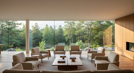 Fototapeta premium Modern living room, minimalist interior, beige furniture, large windows, forest view