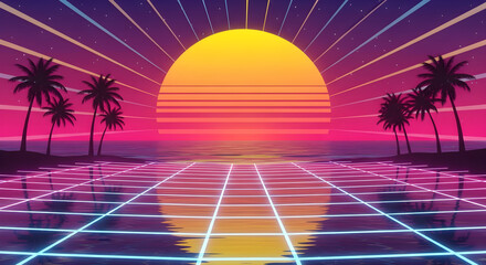 Fototapeta premium Retro 80s Sunset with Palm Trees and Grid Reflection.