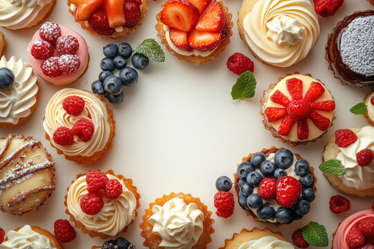 Flat lay of assorted colorful mini pastries and desserts decorated with fruits, berries, cream, and glaze, arranged along edges with empty center on white background.