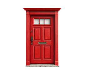 Red front door with light-colored paneling.  A classic,  wooden entrance
