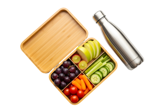 Healthy lunchbox with fresh fruits and vegetables and a reusable water bottle, perfect for a nutritious meal on the go