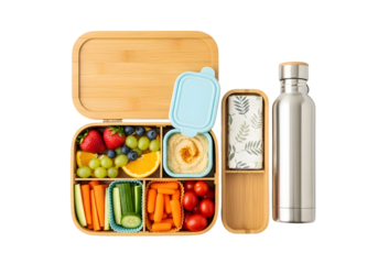 Healthy Bamboo Lunchbox with Hummus and Fresh Vegetables, Paired with a Stainless Steel Water Bottle