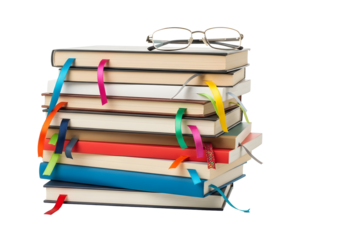 Stack of Books with Bookmarks and Glasses on a White Background