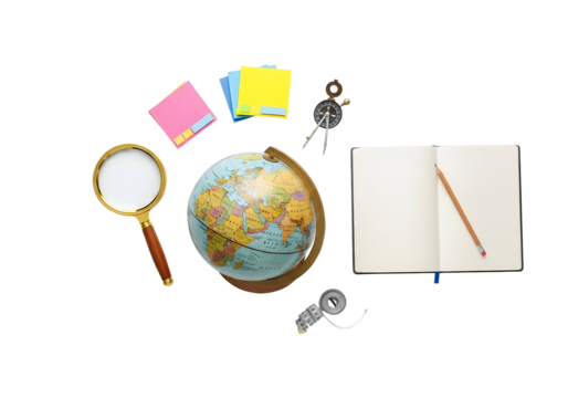 Education and exploration a globe, magnifying glass, notebook, and compass for learning and discovery