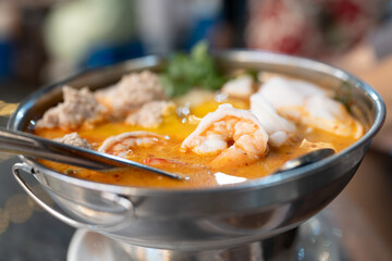 Delicious tomyam seafood thai dish with freshwater prawn