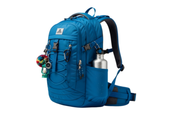 A sturdy, bright blue backpack with multiple compartments and a water bottle holder, perfect for outdoor adventures