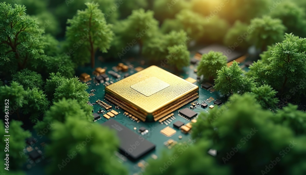 Poster Illustration intersection of green data centers, sustainable computing tech practices. CPU chip in forest eco-friendly technology, computing practices for eco-friendly technology, industries.