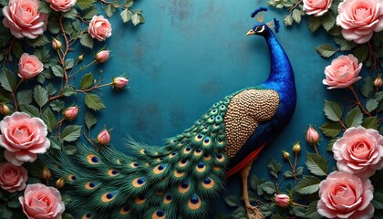 Majestic peacock stands on rich green branch. Vibrant blue, green feathers spread out, contrasting with verdant background. Pink roses on blue backdrop add elegance, softness. Central peacock draws © miss irine