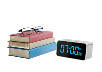 Alarm clock on a desk next to a stack of books and eyeglasses, symbolizing early morning study or work, representing productivity and focus