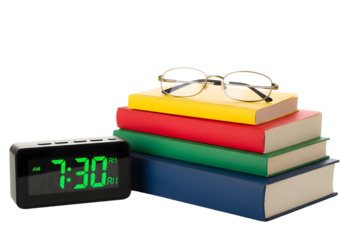 A digital alarm clock showing 730 AM sits beside a stack of colorful books topped with eyeglasses on a white background