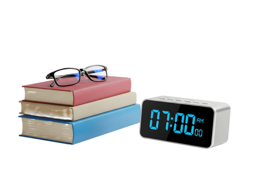Alarm clock on a desk next to a stack of books and eyeglasses, symbolizing early morning study or work, representing productivity and focus
