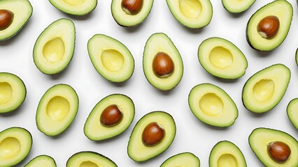 A flatlay image showing many avocado halves arranged on a white background.