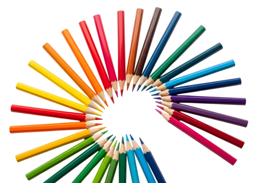 A vibrant spectrum of colorful wooden pencils meticulously arranged in a beautiful semi-circle, showcasing a perfect rainbow gradient for artistic and creative endeavors
