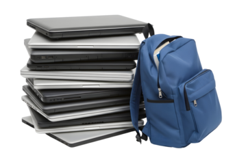 A diverse collection of laptops neatly stacked next to a vibrant blue backpack, representing the evolution of personal technology and educational readiness for modern life