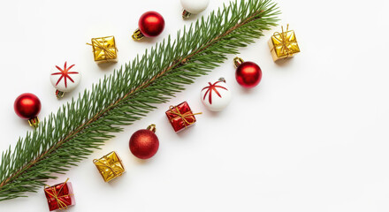 Festive Holiday Arrangement with Green Pine Branch, Red and Gold Ornaments on White Background for Seasonal Greetings and Decorative Compositions featuring small gifts