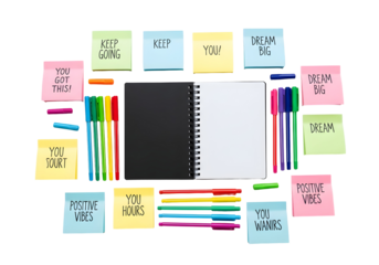 Flat lay of an open notebook with colorful pens and motivational sticky notes, inspiring goal setting, positive affirmations, and productive planning for success