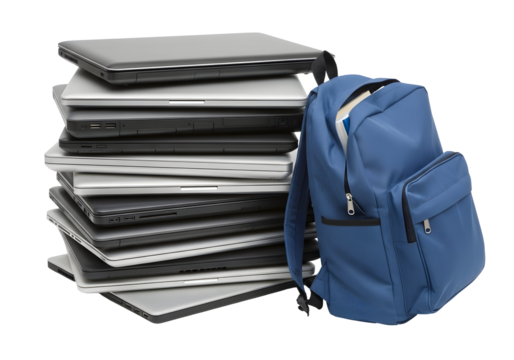 A diverse collection of laptops neatly stacked next to a vibrant blue backpack, representing the evolution of personal technology and educational readiness for modern life