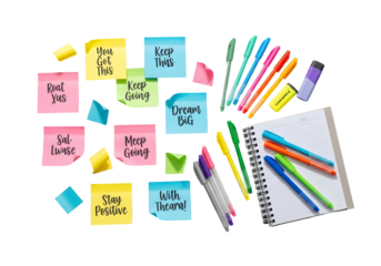 Positive affirmations on colorful adhesive notes, paired with an open journal and a selection of brightly colored pens, promoting productivity and goal achievement