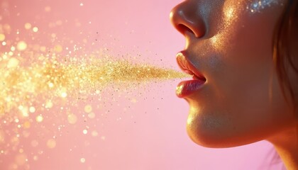 Close-up of woman face with mouth open, golden glitter flowing out. Pink background, slightly elevated angle, clear view of facial features. Glittering, sparkling effect on soft, delicate skin.