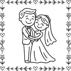 Wedding Couple's Embrace: A charming black and white illustration captures the tender embrace of a newlywed couple, their smiles reflecting the joy of their union, set within a delicate floral frame.