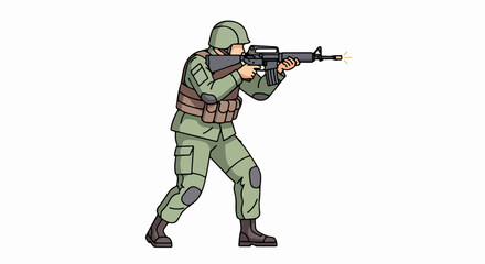 Soldier in combat, aiming rifle, ready to engage, military action, armed forces.