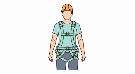 Construction worker wearing safety harness and hard hat.