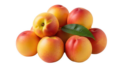 Pile of Ripe Nectarines with Green Leaf Isolated on Background fruit food
