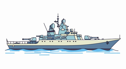 Detailed illustration of a warship sailing on the water. © Basecamp