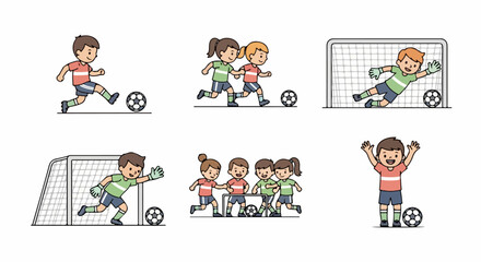 Kids playing soccer, enjoying the game, and celebrating goals with enthusiasm.