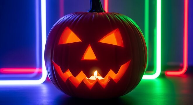 Glowing Jack-o'-Lantern with Neon Lights and Spooky Halloween Ambiance