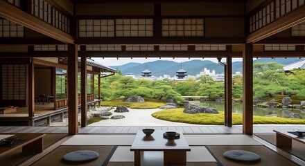Serene View of a Japanese Zen Garden from a Traditional Temple Room in Kyoto.