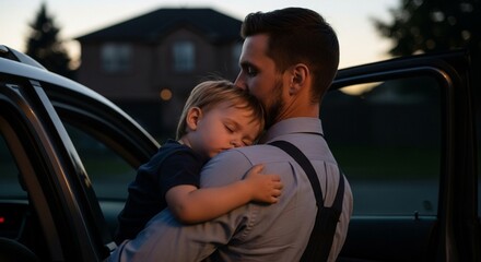 Tired father carrying sleeping child out of car at night, warm glowing streetlights, emotional family bond, authentic parenting moment, ultra-realistic cinematic detail. Generative AI