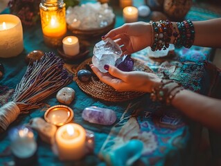 Close-Up of Hands Arranging Crystals Candles and Sage on Wooden Altar, spa treatment with candles