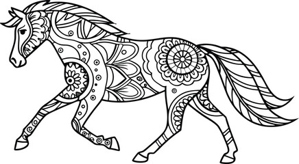 Ornate horse illustration with intricate line patterns art, Cute unicorn vector graphic design. Detailed horse head illustration with floral patterns ideal for coloring book enthusiasts delighting 