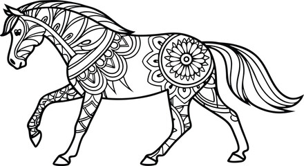 Ornate horse illustration with intricate line patterns art, Cute unicorn vector graphic design. Detailed horse head illustration with floral patterns ideal for coloring book enthusiasts delighting 