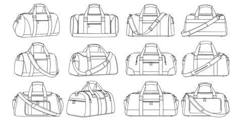 Collection of twelve duffel bag line art illustrations from various angles gym bag sports bag