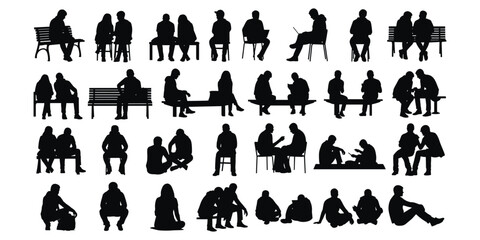 Diverse group of people silhouettes sitting and standing in various poses vector illustration