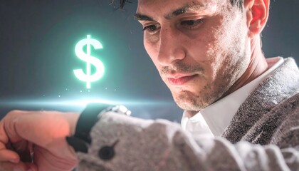 Businessman Using Smartwatch with Money Icon Hologram