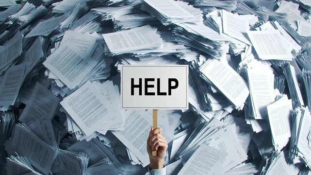 Overwhelmed a hand holding "HELP" amidst a sea of scattered papers, symbolizing burden and the urgent need for assistance