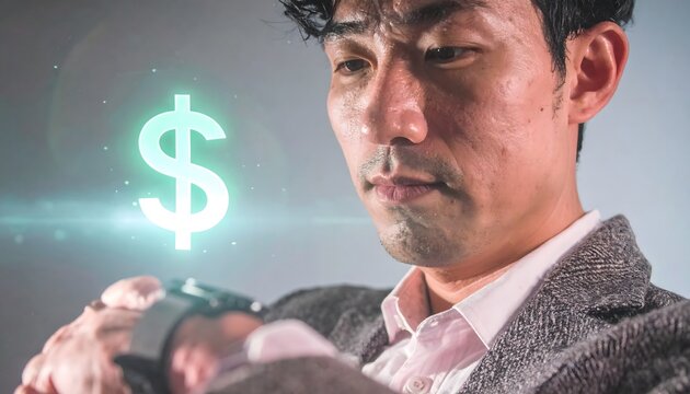 Businessman Using Smartwatch with Money Icon Hologram
