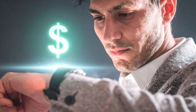 Businessman Using Smartwatch with Money Icon Hologram