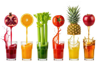 Pomegranate orange celery tomato pineapple apple juices pouring into glasses image