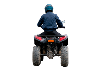Male riding atv in outdoor adventure setting on transparent background, PNG
