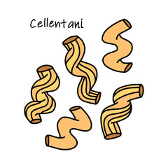 Spiral pasta cellentani, handful of italian macaroni on white background