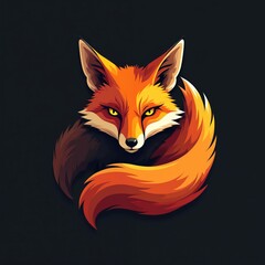 Fototapeta premium Illustration red fox on a black background. Cartoon orange animal with detailed fur, tail and yellow eyes. Visual art design for prints, stickers, logos, posters. Cute wildlife character.