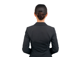 Asian woman in business attire facing away in black suit on transparent background, PNG
