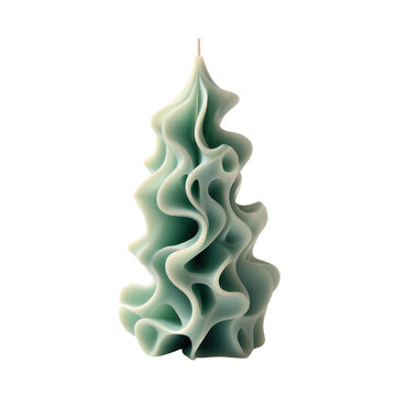 Abstract, sculpted candle in a light teal/mint green.  Intricate, layered, ruffled, and textured design resembles a stylized tree or stylized coral.  Dark background isolates the candle